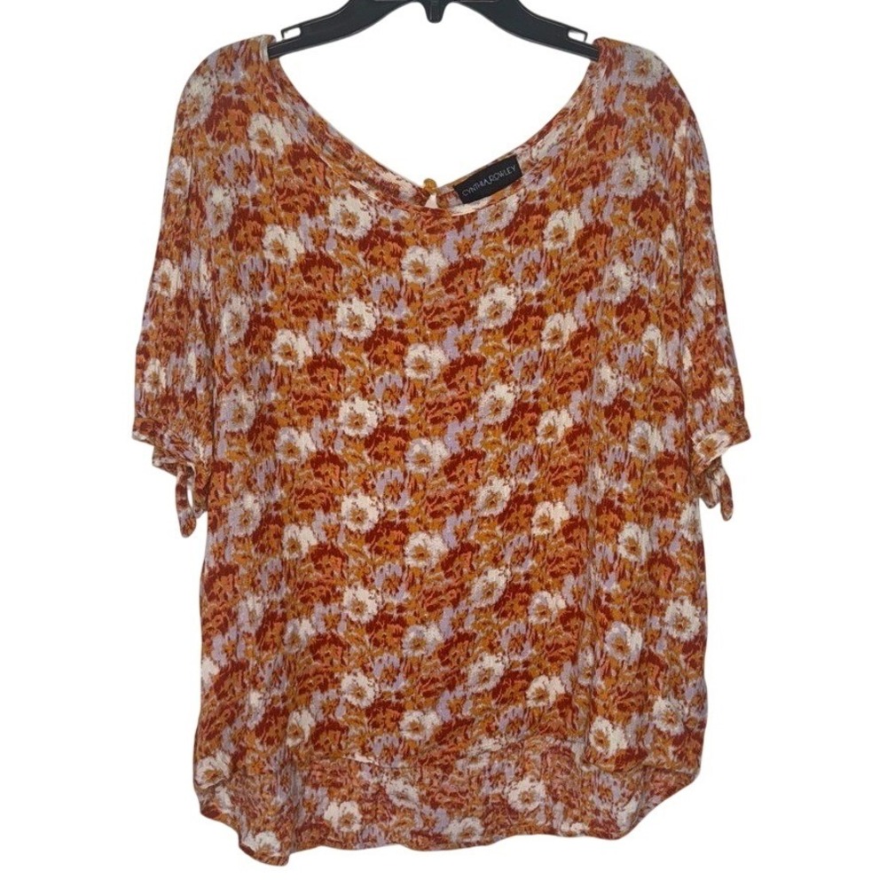 Cynthia Rowley Floral Print V Neck Tie‎ Sleeve Blouse Top Womens Large